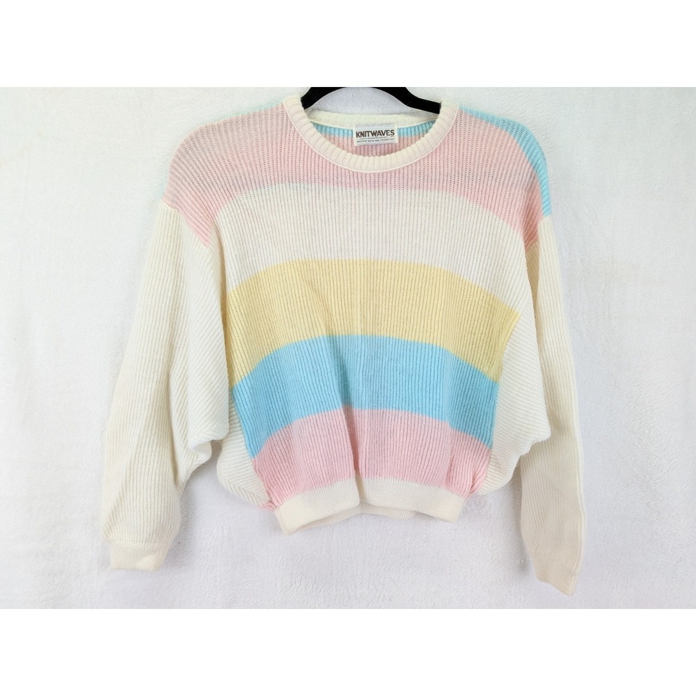 Vintage 80s Pastel Stripe Knit Sweater Women XS Pink Kawaii Kidcore Dolman